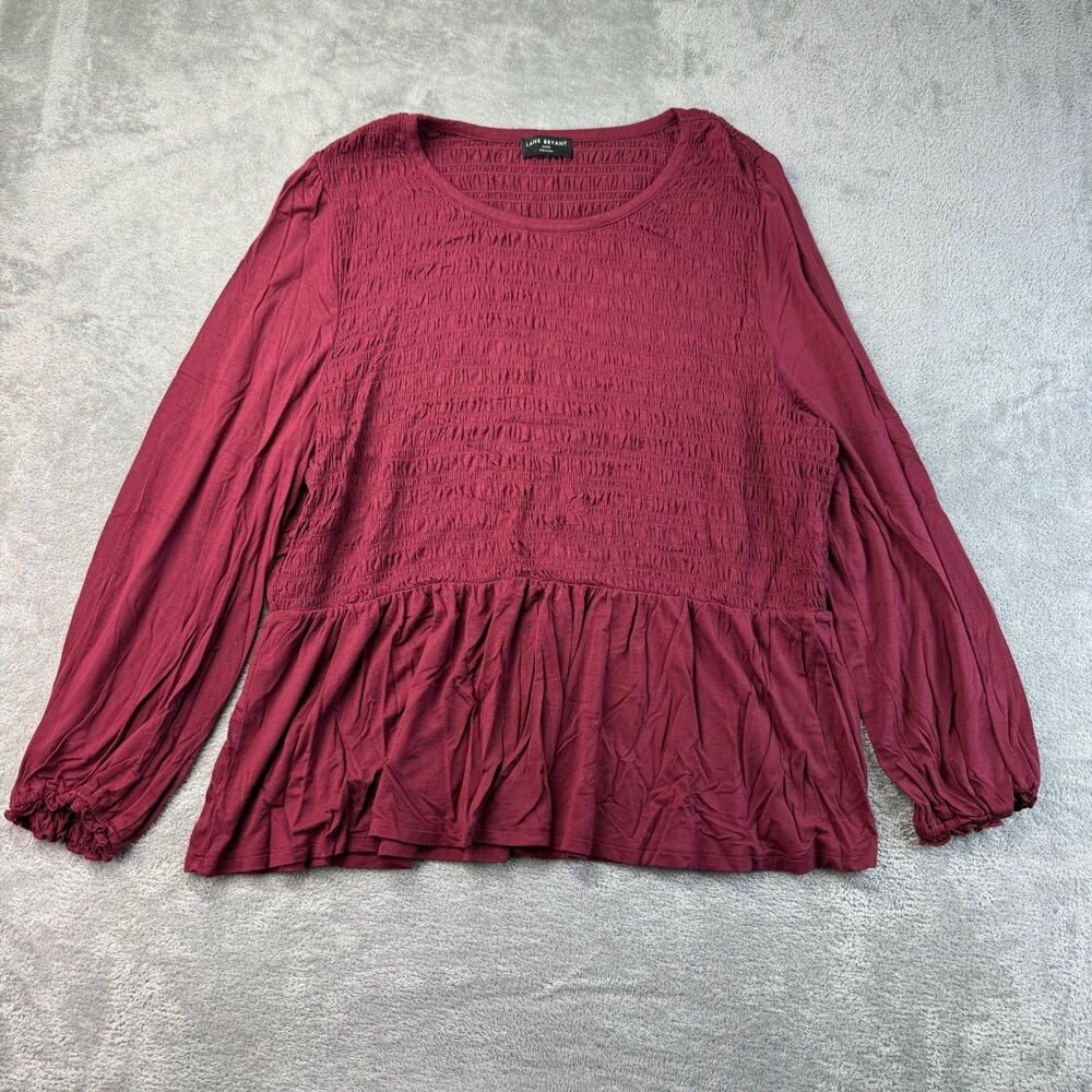 Lane Bryant Top Women's 26/28 Red Long Sleeve Balloon Stretch Textured Crinkle